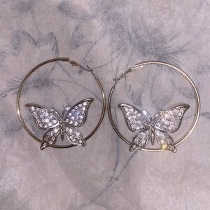 Silver Hoops with rhinestone butterfly🦋
